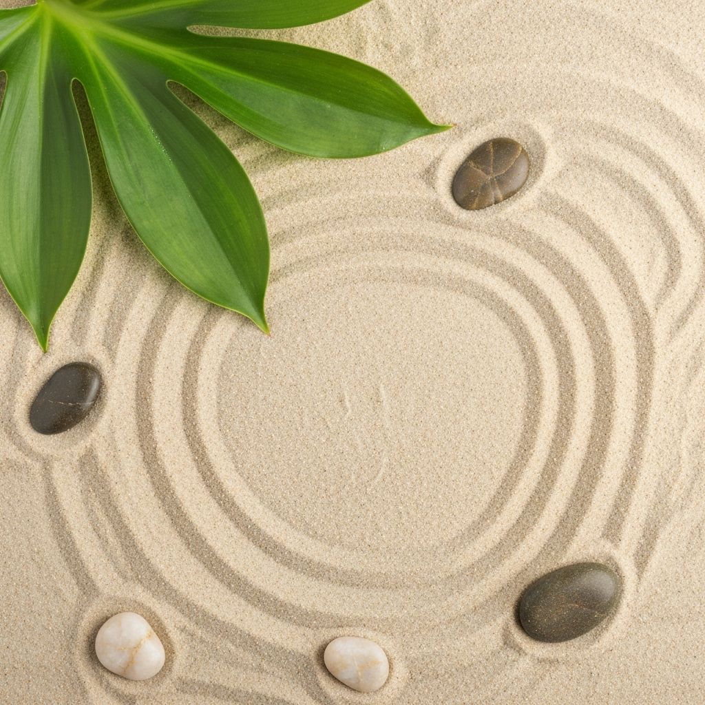 Friedliches Zen-ähnliches Arrangement mit Sand, Stein und Blatt